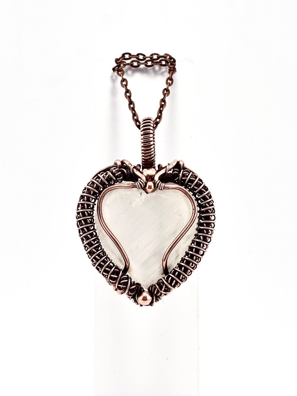 HANDMADE Selenite Copper Wire Wrapped Pendant Necklace, Artisan Jewelry Gift